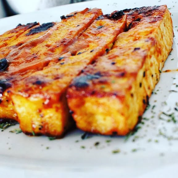 Grilled tofu steak with herbs - Gourmet vegan dish by Chef Bakiel